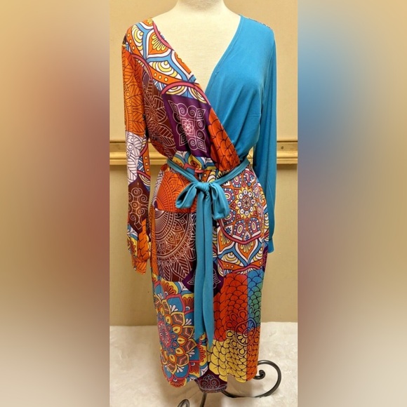 Ashro Dresses & Skirts - ASHRO Faux Wrap 2 Tone Boho Hippie Mod Print Midi Dress SZ L